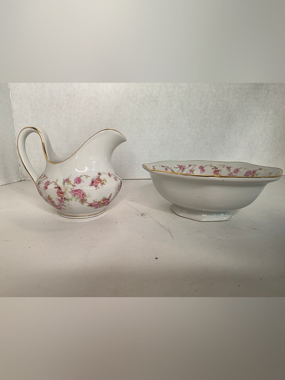 Schumann Bridal Rose Vintage 1956 Porcelain Creamer & Bowl Germany Gold Trim